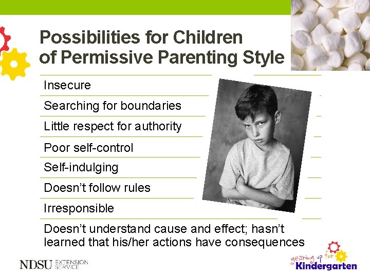 Possibilities for Children of Permissive Parenting Style Insecure Searching for boundaries Little respect for
