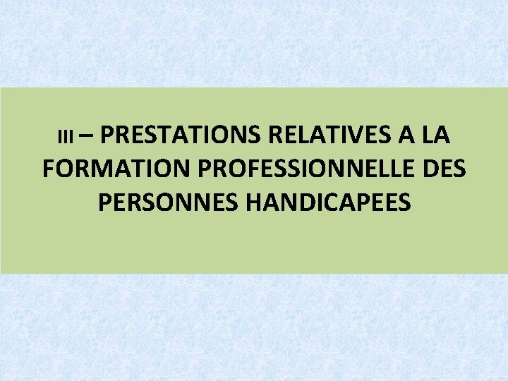 III – PRESTATIONS RELATIVES A LA FORMATION PROFESSIONNELLE DES PERSONNES HANDICAPEES 