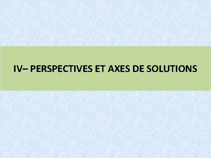 IV– PERSPECTIVES ET AXES DE SOLUTIONS 