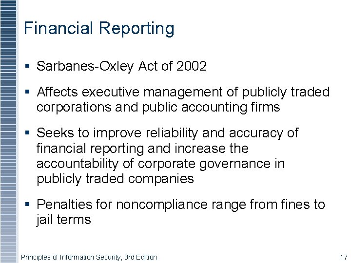 Financial Reporting Sarbanes-Oxley Act of 2002 Affects executive management of publicly traded corporations and