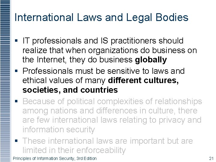 International Laws and Legal Bodies IT professionals and IS practitioners should realize that when