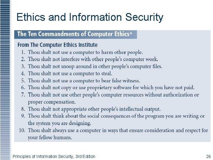 Ethics and Information Security Principles of Information Security, 3 rd Edition 26 
