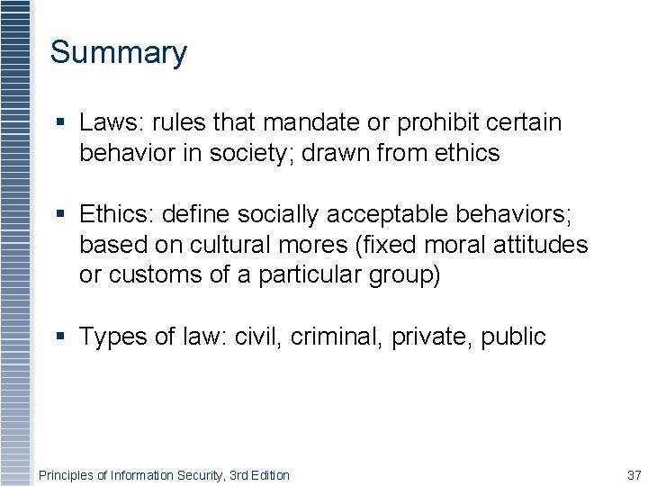 Summary Laws: rules that mandate or prohibit certain behavior in society; drawn from ethics