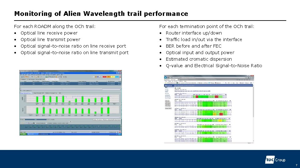 Monitoring of Alien Wavelength trail performance For each ROADM along the OCh trail: For
