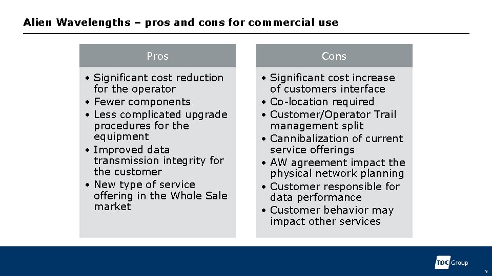 Alien Wavelengths – pros and cons for commercial use Pros Cons • Significant cost