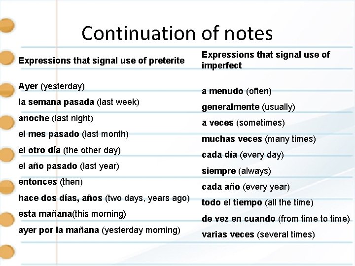 Continuation of notes Expressions that signal use of preterite Ayer (yesterday) la semana pasada
