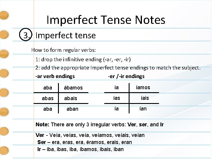 Imperfect Tense Notes 3. Imperfect tense How to form regular verbs: 1: drop the