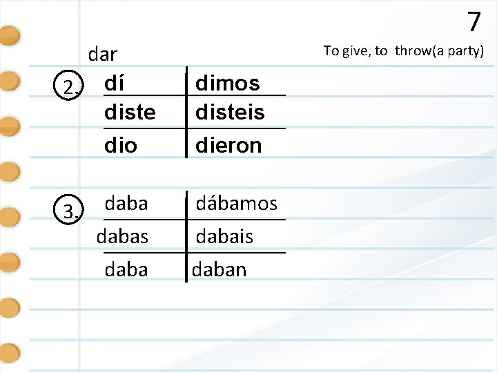 7 dar 2. dí diste dio 3. dabas daba To give, to throw(a party)