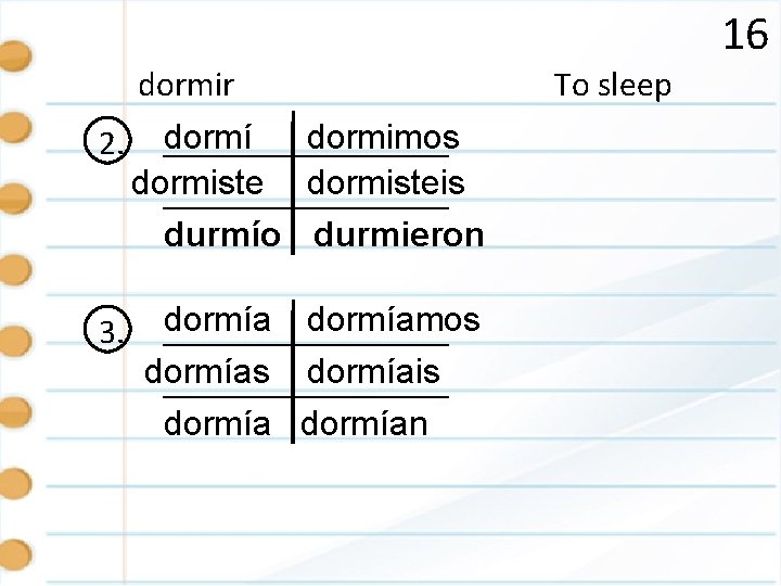 16 dormir 2. dormí dormimos dormisteis durmío durmieron 3. dormíamos dormíais dormían To sleep