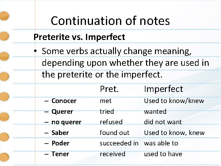 Continuation of notes Preterite vs. Imperfect • Some verbs actually change meaning, depending upon