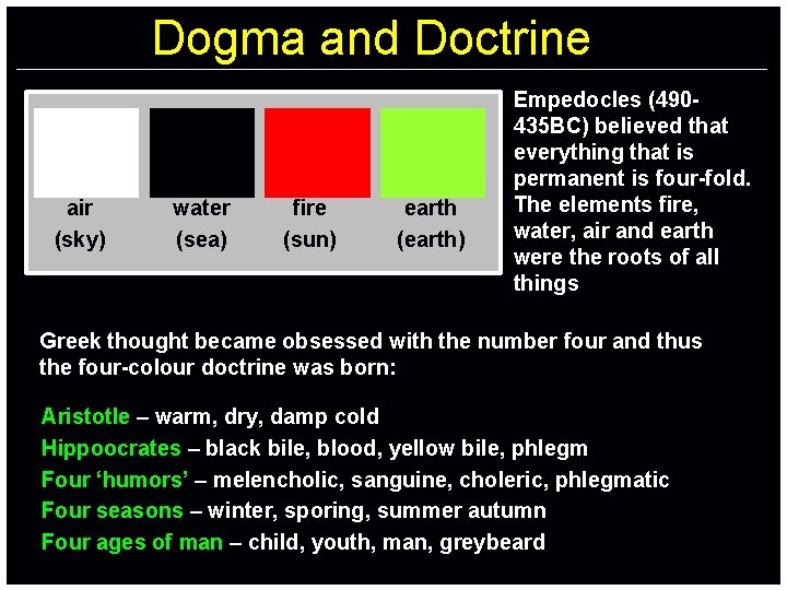 Dogma and Doctrine air (sky) water (sea) fire (sun) earth (earth) Empedocles (490435 BC)