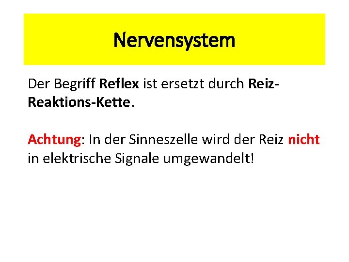 Nervensystem Der Begriff Reflex ist ersetzt durch Reiz. Reaktions-Kette. Achtung: In der Sinneszelle wird