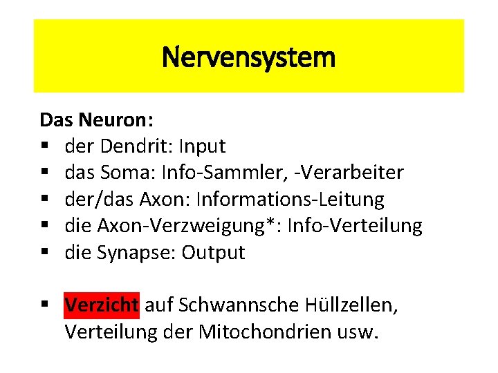 Nervensystem Das Neuron: § der Dendrit: Input § das Soma: Info-Sammler, -Verarbeiter § der/das