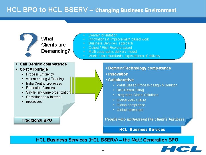 HCL BPO to HCL BSERV – Changing Business Environment What Clients are Demanding? •
