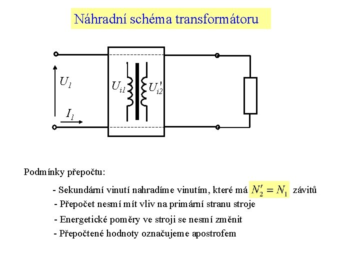 Náhradní schéma transformátoru U 1 Ui 2' I 1 Podmínky přepočtu: - Sekundární vinutí