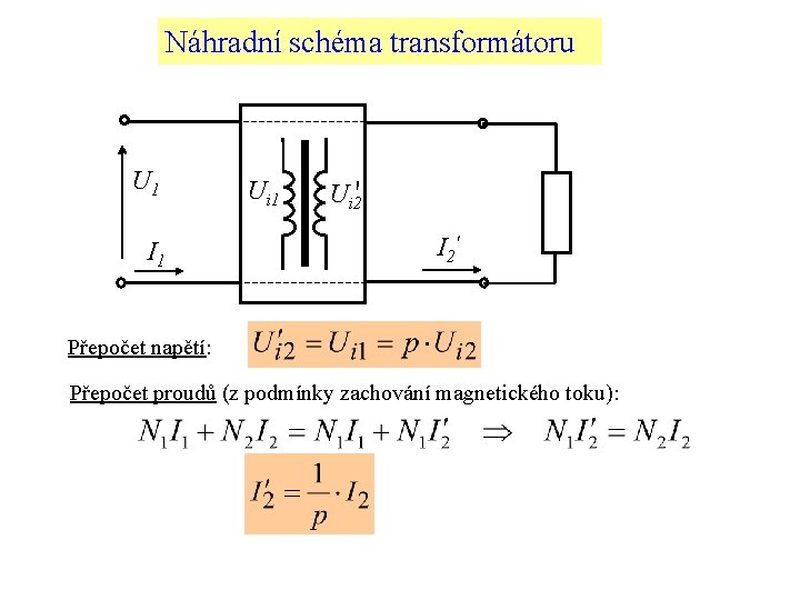 Náhradní schéma transformátoru U 1 I 1 Ui 2' I 2' Přepočet napětí: Přepočet
