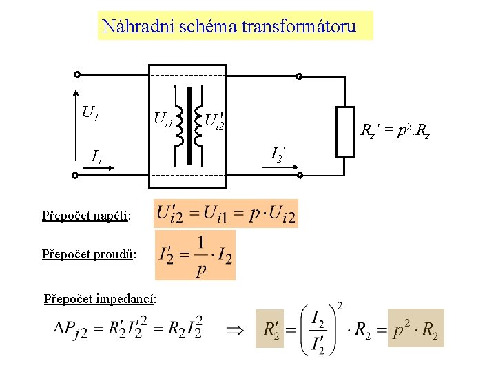 Náhradní schéma transformátoru U 1 Ui 1 I 1 Přepočet napětí: Přepočet proudů: Přepočet