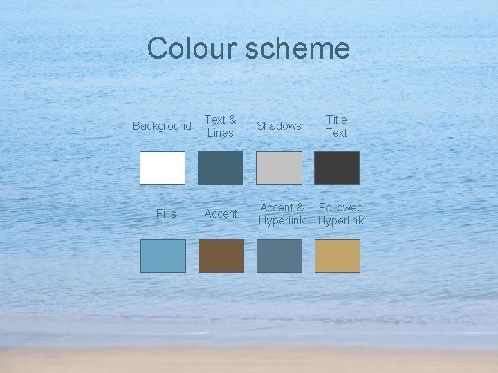 Colour scheme Background Fills Text & Lines Shadows Accent & Hyperlink Title Text Followed