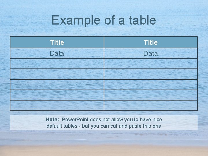 Example of a table Title Data Note: Power. Point does not allow you to