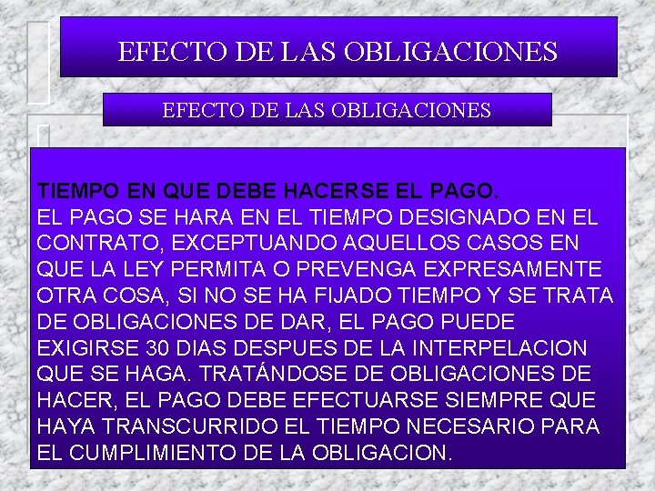 EFECTO DE LAS OBLIGACIONES TIEMPO EN QUE DEBE HACERSE EL PAGO SE HARA EN