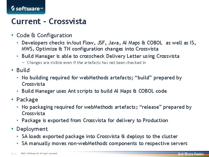 Current – Crossvista • Code & Configuration • Developers checks in/out Flow, JSF, Java,
