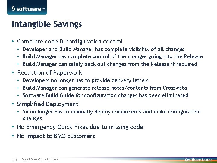 Intangible Savings • Complete code & configuration control • Developer and Build Manager has