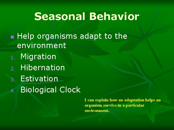 Seasonal Behavior Help organisms adapt to the environment 1. Migration 2. Hibernation 3. Estivation