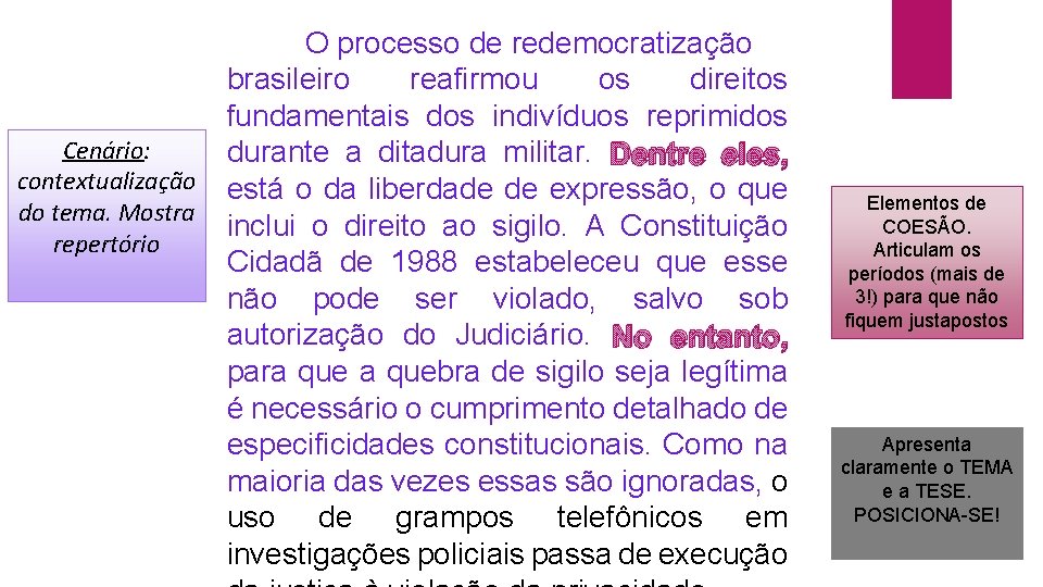 Cenário: contextualização do tema. Mostra repertório O processo de redemocratização brasileiro reafirmou os direitos