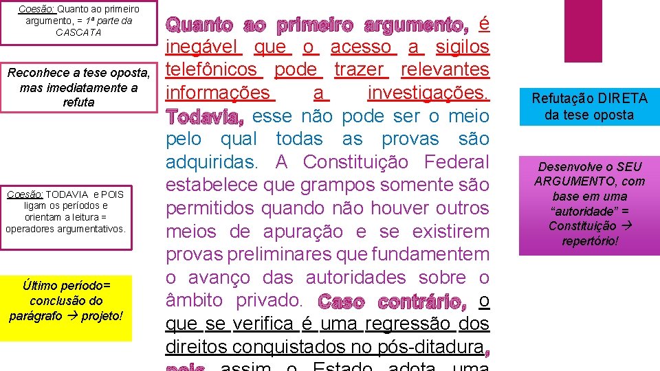 Coesão: Quanto ao primeiro argumento, = 1ª parte da CASCATA Reconhece a tese oposta,