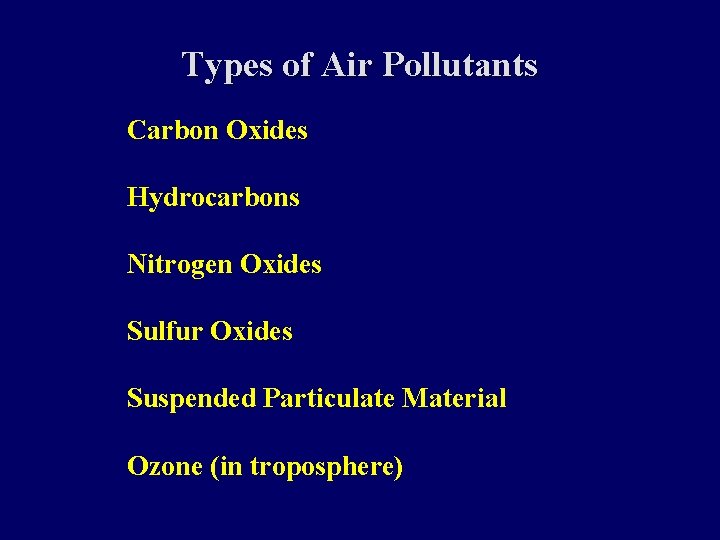 Types of Air Pollutants Carbon Oxides Hydrocarbons Nitrogen Oxides Sulfur Oxides Suspended Particulate Material