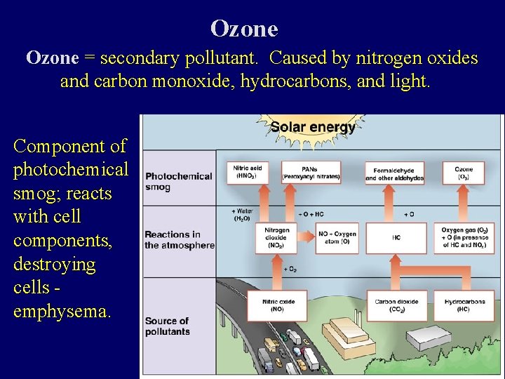 Ozone = secondary pollutant. Caused by nitrogen oxides and carbon monoxide, hydrocarbons, and light.
