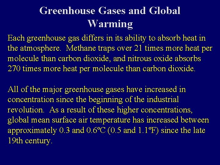 Greenhouse Gases and Global Warming Each greenhouse gas differs in its ability to absorb
