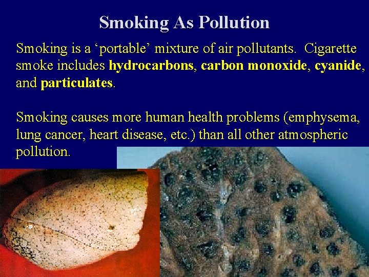 Smoking As Pollution Smoking is a ‘portable’ mixture of air pollutants. Cigarette smoke includes