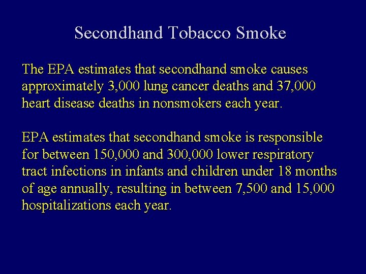 Secondhand Tobacco Smoke The EPA estimates that secondhand smoke causes approximately 3, 000 lung