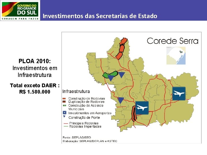 Investimentos das Secretarias de Estado PLOA 2010: Investimentos em Infraestrutura Total exceto DAER :