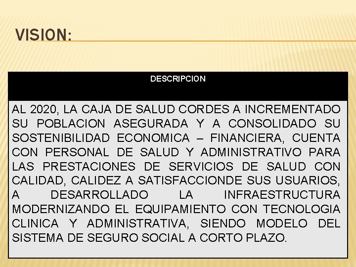 VISION: DESCRIPCION AL 2020, LA CAJA DE SALUD CORDES A INCREMENTADO SU POBLACION ASEGURADA