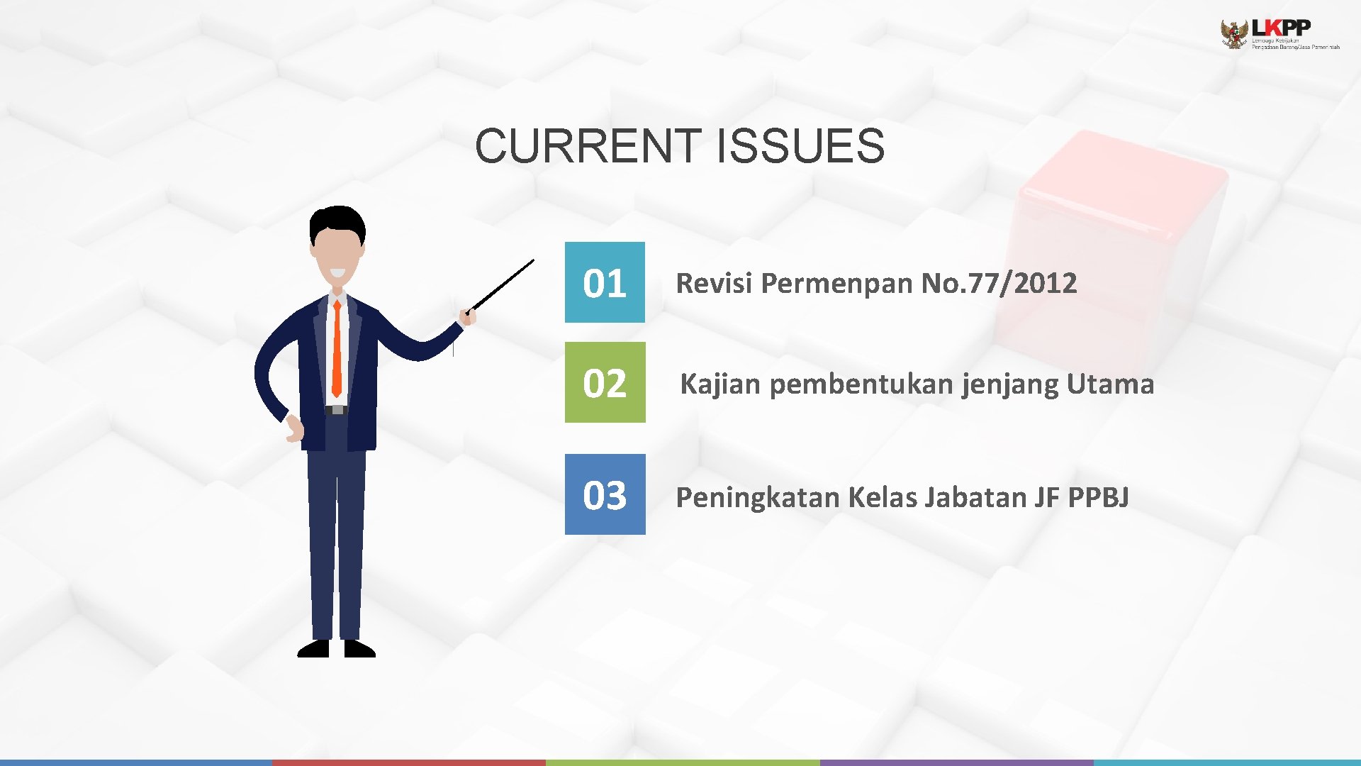 CURRENT ISSUES 01 Revisi Permenpan No. 77/2012 02 Kajian pembentukan jenjang Utama 03 Peningkatan