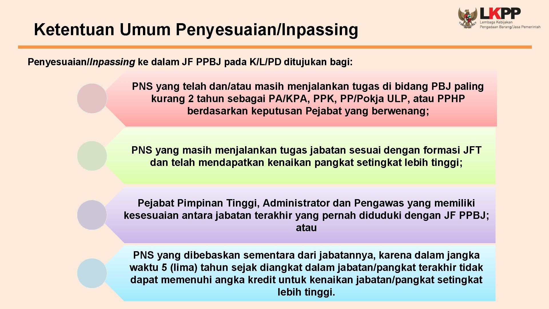 Ketentuan Umum Penyesuaian/Inpassing ke dalam JF PPBJ pada K/L/PD ditujukan bagi: PNS yang telah