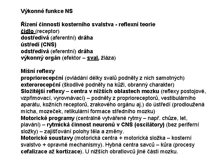 Výkonné funkce NS Řízení činnosti kosterního svalstva - reflexní teorie čidlo (receptor) dostředivá (aferentní)