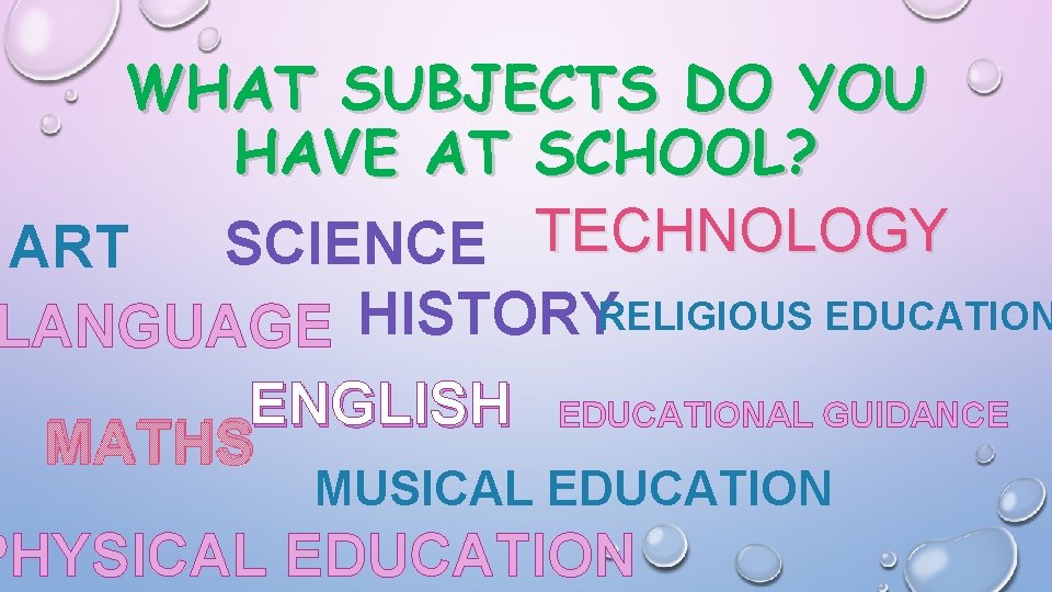 WHAT SUBJECTS DO YOU HAVE AT SCHOOL? TECHNOLOGY SCIENCE ART RELIGIOUS EDUCATION HISTORY LANGUAGE