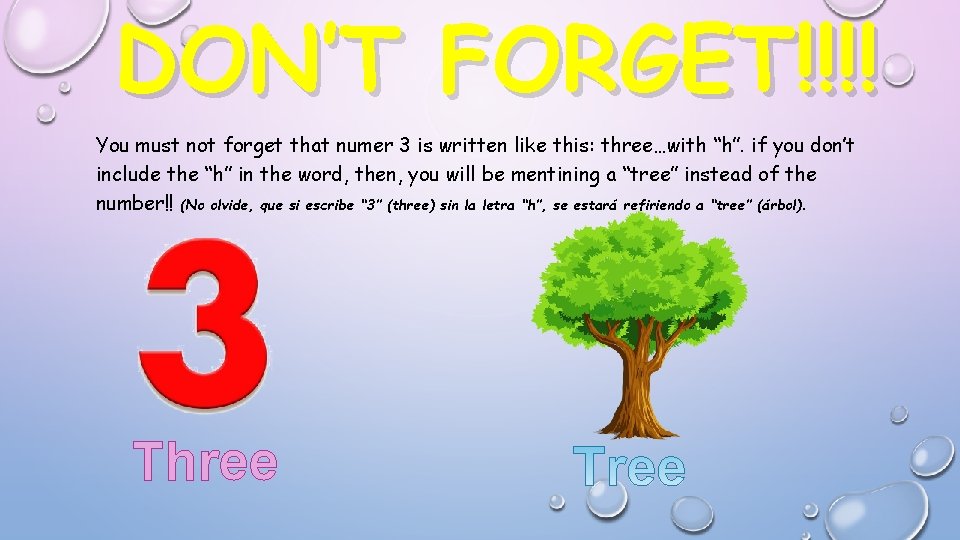 DON’T FORGET!!!! You must not forget that numer 3 is written like this: three…with