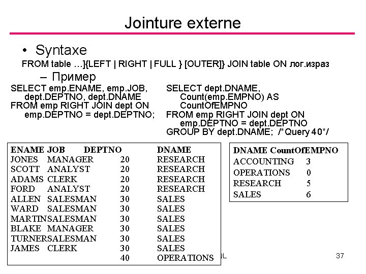 Jointure externe • Syntaxe FROM table …]{LEFT | RIGHT | FULL } [OUTER]} JOIN