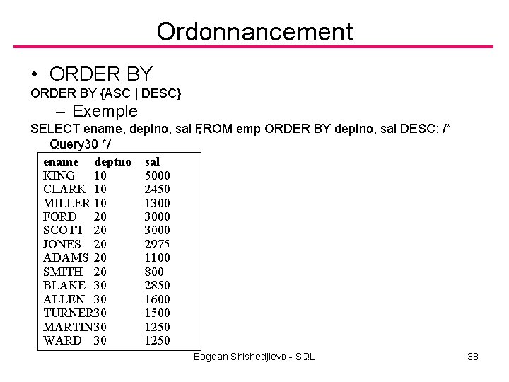 Ordonnancement • ORDER BY {ASC | DESC} – Exemple SELECT ename, deptno, sal FROM