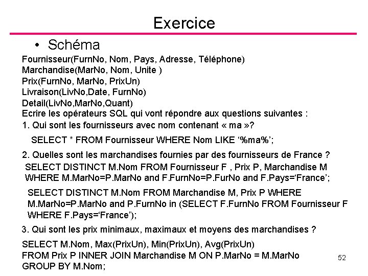 Exercice • Schéma Fournisseur(Furn. No, Nom, Pays, Adresse, Téléphone) Marchandise(Mar. No, Nom, Unite )
