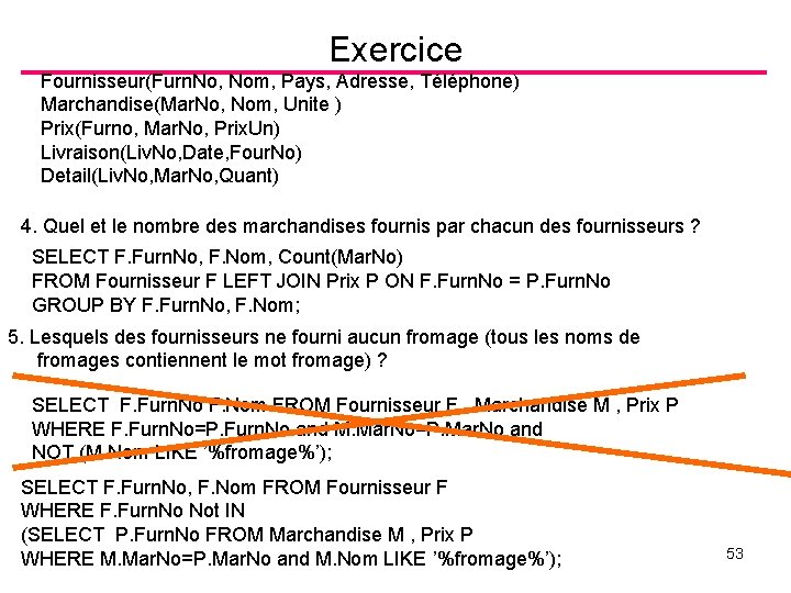 Exercice Fournisseur(Furn. No, Nom, Pays, Adresse, Téléphone) Marchandise(Mar. No, Nom, Unite ) Prix(Furno, Mar.