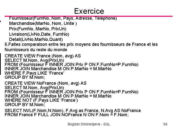 Exercice Fournisseur(Furn. No, Nom, Pays, Adresse, Téléphone) Marchandise(Mar. No, Nom, Unite ) Prix(Furn. No,