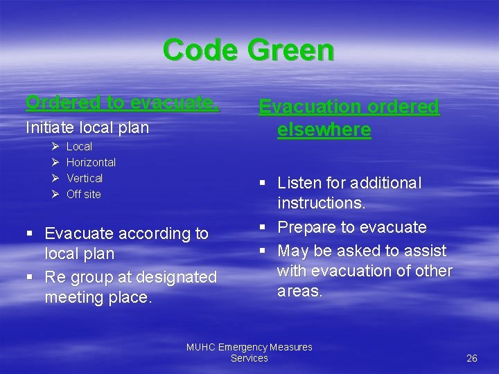 Code Green Ordered to evacuate. Initiate local plan Ø Ø Local Horizontal Vertical Off