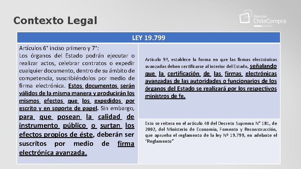 Contexto Legal LEY 19. 799 Artículos 6° inciso primero y 7°: Los órganos del