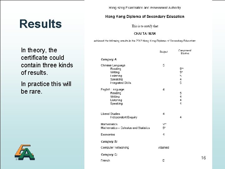 Results In theory, the certificate could contain three kinds of results. In practice this