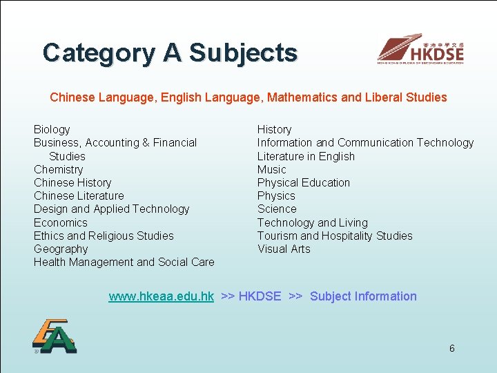 Category A Subjects Chinese Language, English Language, Mathematics and Liberal Studies Biology Business, Accounting